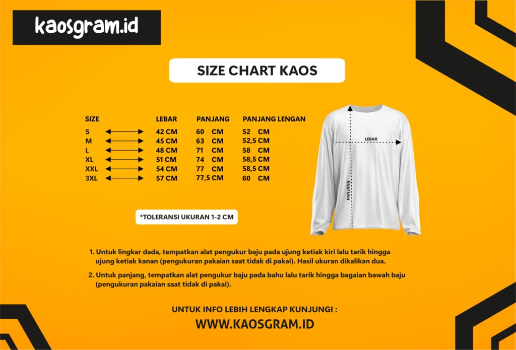 Size Chart Kaos Polos Lengan Panjang